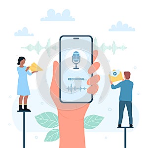 Audio record mobile app in phone, hand holding smartphone with microphone on screen
