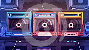 Audio record player online or mobile app with mixtape cassettes, vintage mixtapes cartoon banner, disco, multimedia