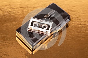 Audio recorder with microcassette. device for working with voice and journalism. analog audio recording