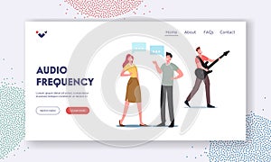 Audio Sound Frequency Wave Landing Page Template. Characters Communicating, Musician Playing Electric Guitar Make Noise