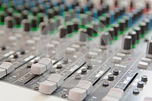 Audio sound mixer control panel.  Sound console buttons for adjust the volume