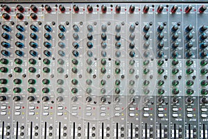 Audio sound mixer control panel.  Sound console buttons for adjust the volume