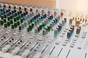 Audio sound mixer control panel.  Sound console buttons for adjust the volume