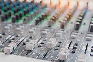 Audio sound mixer control panel.  Sound console buttons for adjust the volume