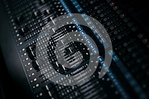 audio sound mixer controller at studio in dark background