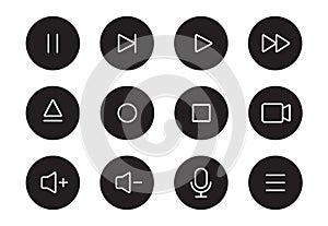 Audio sound, video player button line icon. Music play, sound mute, pause button thin editable line icon set. Microphone