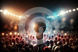 audio speaker microphone, shining in spotlight on stage with crowd and banners visible in the background