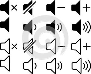 Audio speaker. Sound icons set. Vector isolated sound volume up, down or mute control collection. Sound volume control symbol.