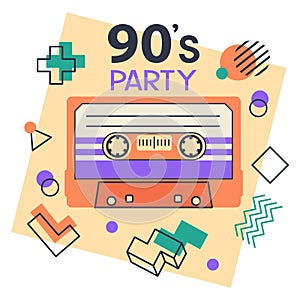 Audio and stereo 90s music tape sticker. Retro 80s cassette tape, disco party badge, pop culture song tape isolated flat vector