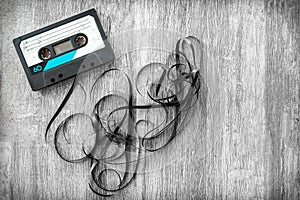 audio tape rolled out background wood vintage unroll compact cassette playlist musicassette