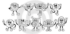 Audio Technique Characters In Cartoon Linear Retro Style. Dynamics, Tape Recorder, Microphone, Player And Disco Ball