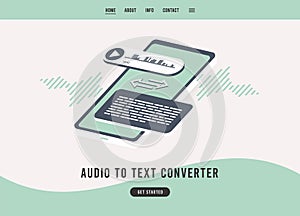 Audio to text converter concept. Transcribe voice audio messages to plain text. Online speech-to-text convert flat