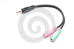 Audio video adapter cable with trrs jack to trs connectors on a white background