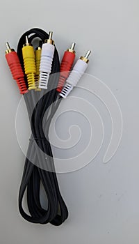 Audio video cable RCA to 3.5mm jack. RCA cable connector, RCA connector isolated on white Red white Yellow connector Jack,