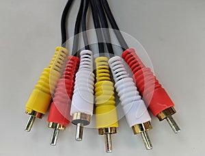 Audio video cable RCA to 3.5mm jack. RCA cable connector, RCA connector isolated on white Red white Yellow connector Jack,