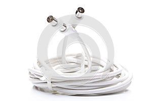 Audio and video cable on white background