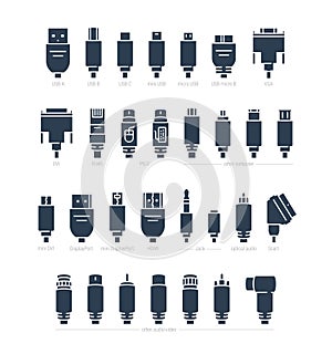 Audio, Video and Computer Cable Connectors Vector Icons in Glyph Style