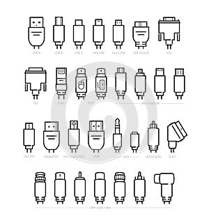 Audio, Video and Computer Cable Connectors Vector Icons in Outline Style
