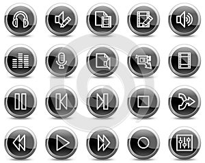 Audio video edit web icons, black circle buttons