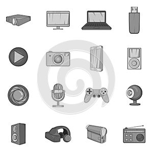 Audio and video icons set, black monochrome style