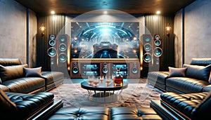 Audio Video Modern Home Listening Room Audiophile Hi-fi Tower Speakers Media Components AI Generated Home Interior