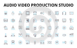 Audio video production studio linear icons set. Recording, Sound, Studio, Production, Mixing, Mastering, Editing vector