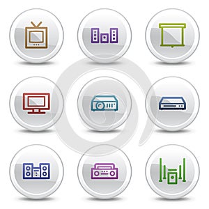 Audio video web colour icons, white circle buttons