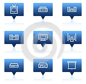 Audio video web icons, blue speech bubbles series