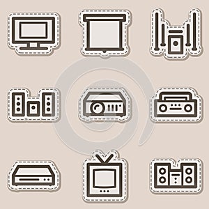 Audio video web icons, brown contour sticker