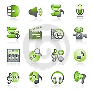 Audio video web icons. Gray and green series.