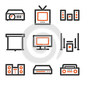 Audio video web icons, orange and gray contour