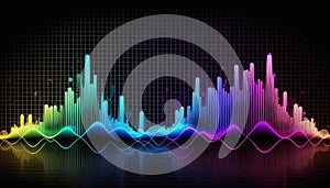 Audio wave multicolored neon glowing audible acoustic waves of music song, colorful sound range