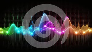 Audio wave multicolored neon glowing audible acoustic waves of music song, colorful sound range
