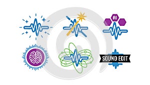 Audio wave sound editing and artificial intelligence technology icons in vector format for creative digital design and sound