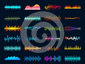 Audio waveform signals, wave song equalizer, stereo recorder sound visualization. Soundtrack signal and melody beat vector concept