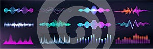 Audio waves set, colorful digital equalizer. Futuristic set HUD music waves