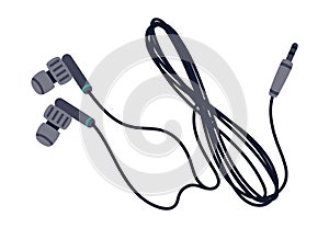 Audio wired earphones. Music listening in-ear electronic device. Flat cartoon vector Illustration on white background