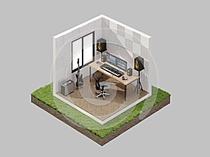 Audio workplace,recording studio,computer music studio.Isometric.