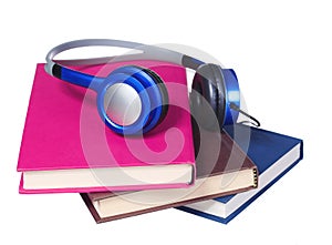 Audiobook concept. Headphones and books isolated