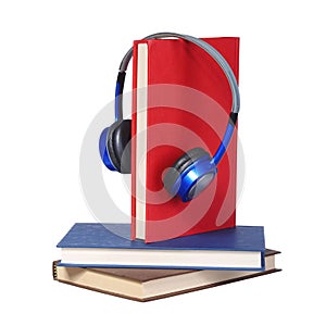 Audiobook concept. Headphones and books isolated photo