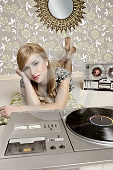 Audiophile retro woman vinyl turntable music