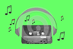 Audiotape and headphone draw on green