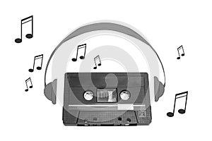 Audiotape and headphone draw on white