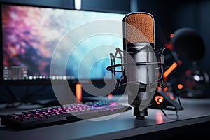 Audiovisual charm Close up studio microphone with gaming computer, 3D render