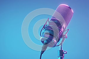 Audiovisual impact 3D rendering of studio microphone banner with neon lights