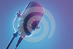 Audiovisual impact 3D rendering of studio microphone banner with neon lights