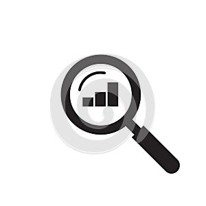 Audit analysis research icon vector, magnifier glass inspecting growth graph chart, reviewing business sales data symbol