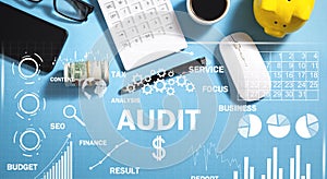 Audit. Business charts, objects, graphs and words. Business concept