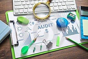 Audit. Business charts, objects, graphs and words. Business concept