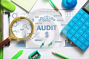 Audit. Business charts, objects, graphs and words. Business concept